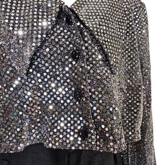 Vintage 80s Jumpsuit Womens Size Medium Black Silver Sequins Faux Tuxedo Rayon - Picture 7 of 8